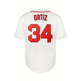Men's #34 Miami-Inspired Baseball Jersey - V-Neck, Embroidered Name & Number, White & Red Striped Design, Loose Fit for Sports, Parties & Casual Wear