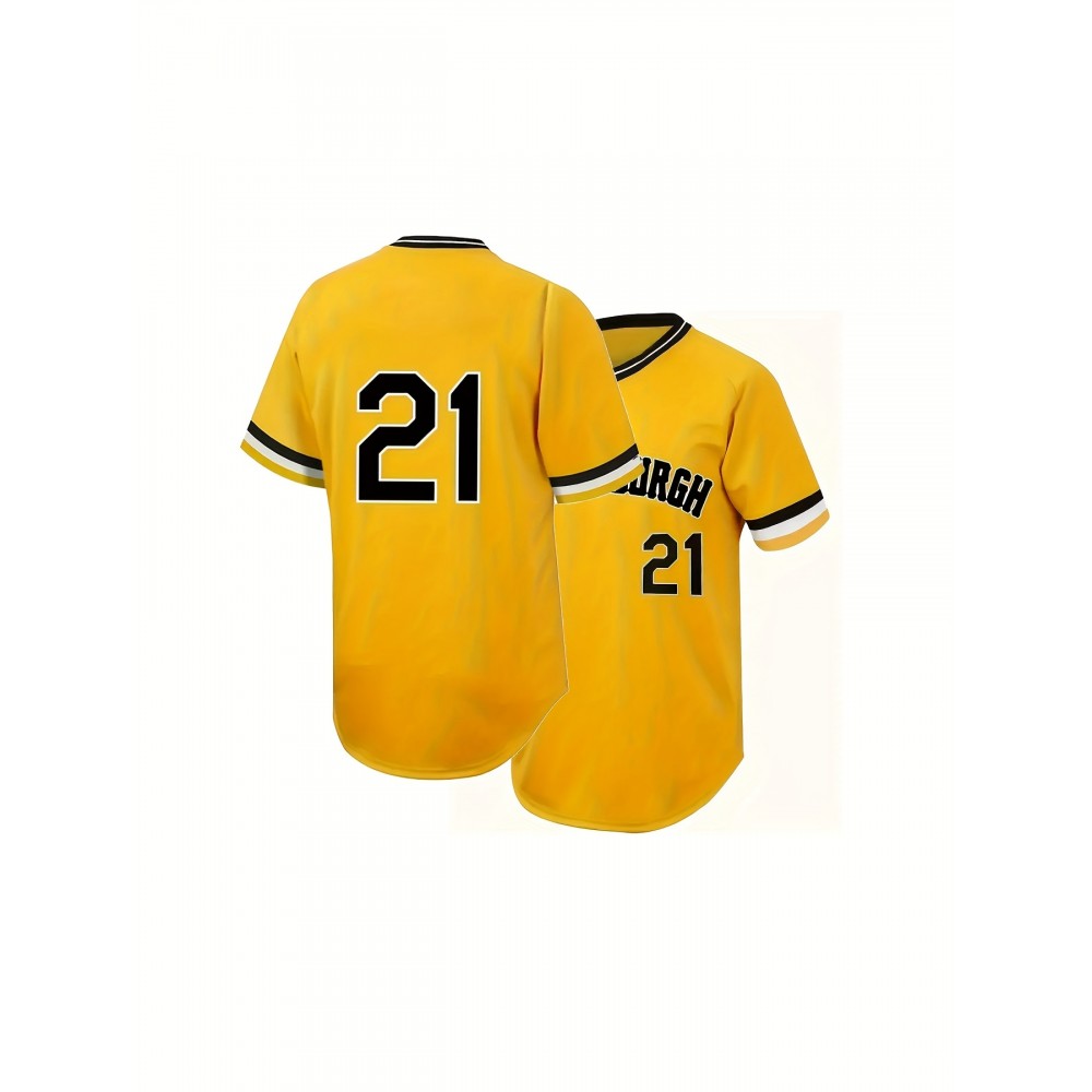 Men's #21 Yellow Baseball Jersey with Embroidered Name & Number - 100% Polyester, V-Neck, Loose Fit for Sports & Parties, Machine Washable, All-Season Comfort, Baseball Apparel | Striped Sleeves | Glossy Finish Men's #21 Yellow Baseball Jersey with Embroidered Name & Number - 100% Polyester, V-Neck, Loose Fit for Sports & Parties, Machine Washable, All-Season Comfort, Baseball Apparel | Striped Sleeves | Glossy Finish