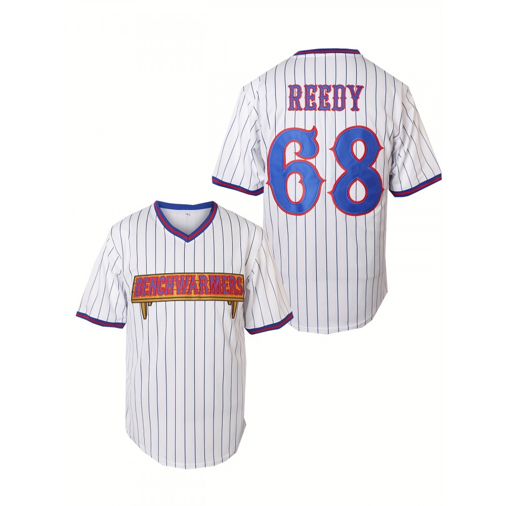 Men's #68 Reedy Embroidered Baseball Jersey - White & Blue Striped Retro Sports Shirt for Parties, Games & Casual Wear Men's #68 Reedy Embroidered Baseball Jersey - White & Blue Striped Retro Sports Shirt for Parties, Games & Casual Wear