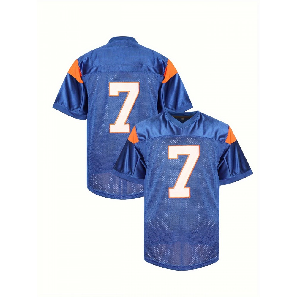 Men's #7 Blue American Football Jersey, 100% Polyester V-Neck Sports Sweatshirt with Letter and Number, Loose Fit Knit Fabric for Party, Team Sports, Four Seasons, Football Gear Men's #7 Blue American Football Jersey, 100% Polyester V-Neck Sports Sweatshirt with Letter and Number, Loose Fit Knit Fabric for Party, Team Sports, Four Seasons, Football Gear