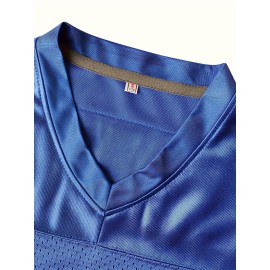 Men's #7 Blue American Football Jersey, 100% Polyester V-Neck Sports Sweatshirt with Letter and Number, Loose Fit Knit Fabric for Party, Team Sports, Four Seasons, Football Gear