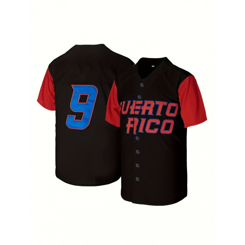 Men's Puerto Rico #9 Embroidered Baseball Jersey - Black & Red V-Neck, Button-Up, Loose Fit for Sports, Parties & Casual Wear, Puerto Rico Shirt