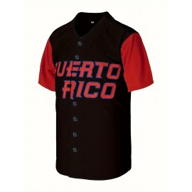 Men's Puerto Rico #9 Embroidered Baseball Jersey - Black & Red V-Neck, Button-Up, Loose Fit for Sports, Parties & Casual Wear, Puerto Rico Shirt