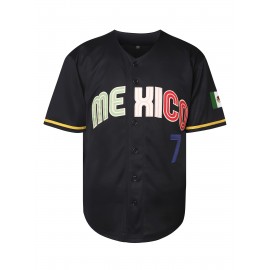 Men's #7 Mexico Baseball Jersey - V-Neck, Embroidered Name & Number, Loose Fit, Polyester, Black with Colorful Stripes, Perfect for Sports, Parties & Casual Wear