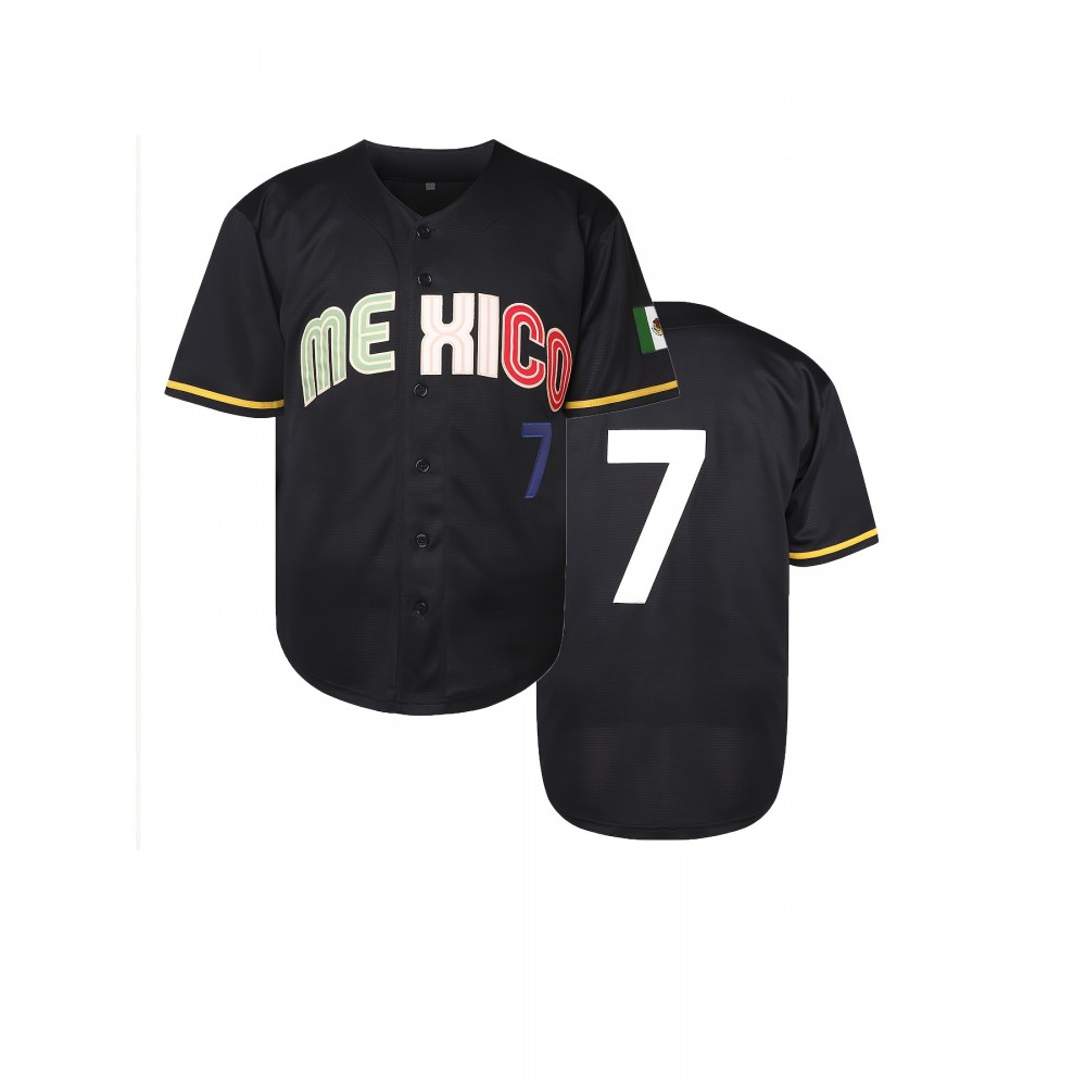 Men's #7 Mexico Baseball Jersey - V-Neck, Embroidered Name & Number, Loose Fit, Polyester, Black with Colorful Stripes, Perfect for Sports, Parties & Casual Wear Men's #7 Mexico Baseball Jersey - V-Neck, Embroidered Name & Number, Loose Fit, Polyester, Black with Colorful Stripes, Perfect for Sports, Parties & Casual Wear