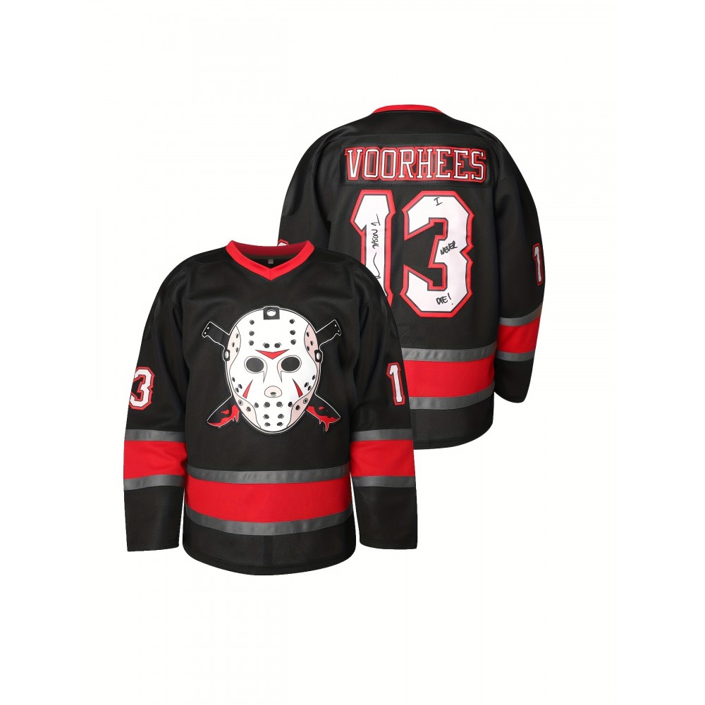 Men's #13 Voorhees Embroidered Hockey Jersey - Black & White, Polyester, V-Neck Captain's Sweatshirt with Men's #13 Voorhees Embroidered Hockey Jersey - Black & White, Polyester, V-Neck Captain's Sweatshirt with