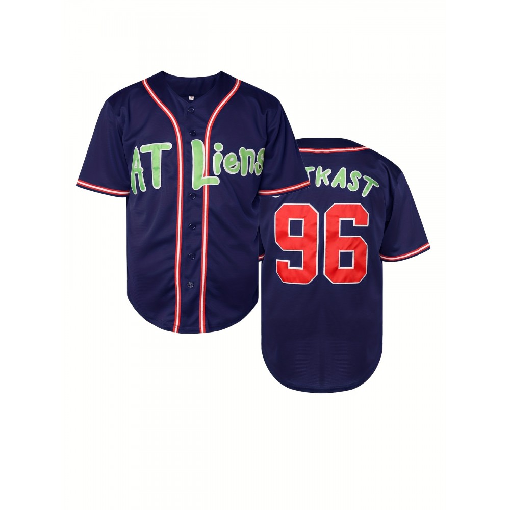 Men's #96 Blue Atlanta Baseball Jersey - Embroidered Name & Number, V-Neck, Polyester, Machine Washable, Ideal for Sports, Parties & Halloween Men's #96 Blue Atlanta Baseball Jersey - Embroidered Name & Number, V-Neck, Polyester, Machine Washable, Ideal for Sports, Parties & Halloween