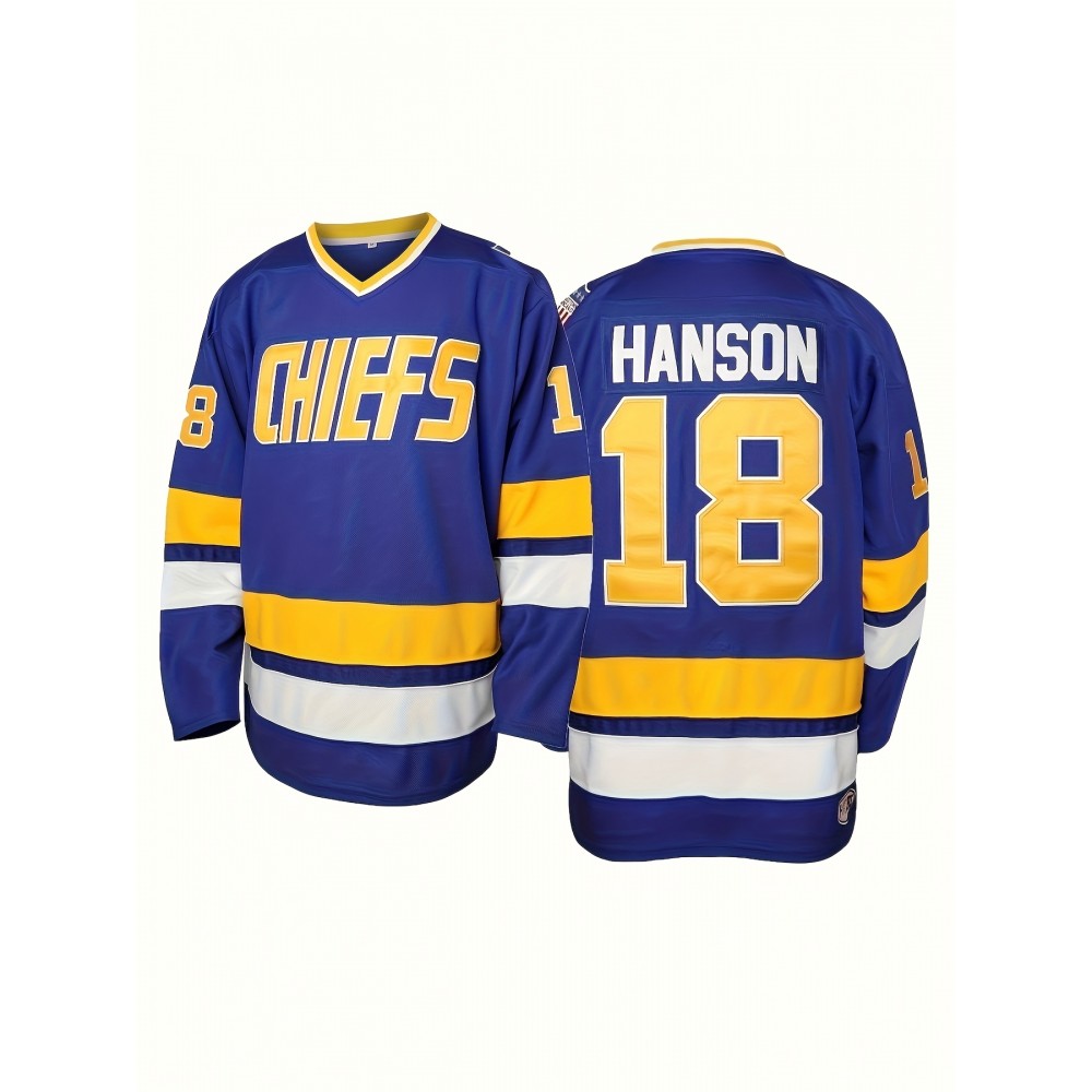Men's #18 Blue & Yellow Embroidered Hockey Jersey - V-Neck, Long Sleeve, Loose Fit, Polyester, Machine Washable for Sports & Fans Men's #18 Blue & Yellow Embroidered Hockey Jersey - V-Neck, Long Sleeve, Loose Fit, Polyester, Machine Washable for Sports & Fans