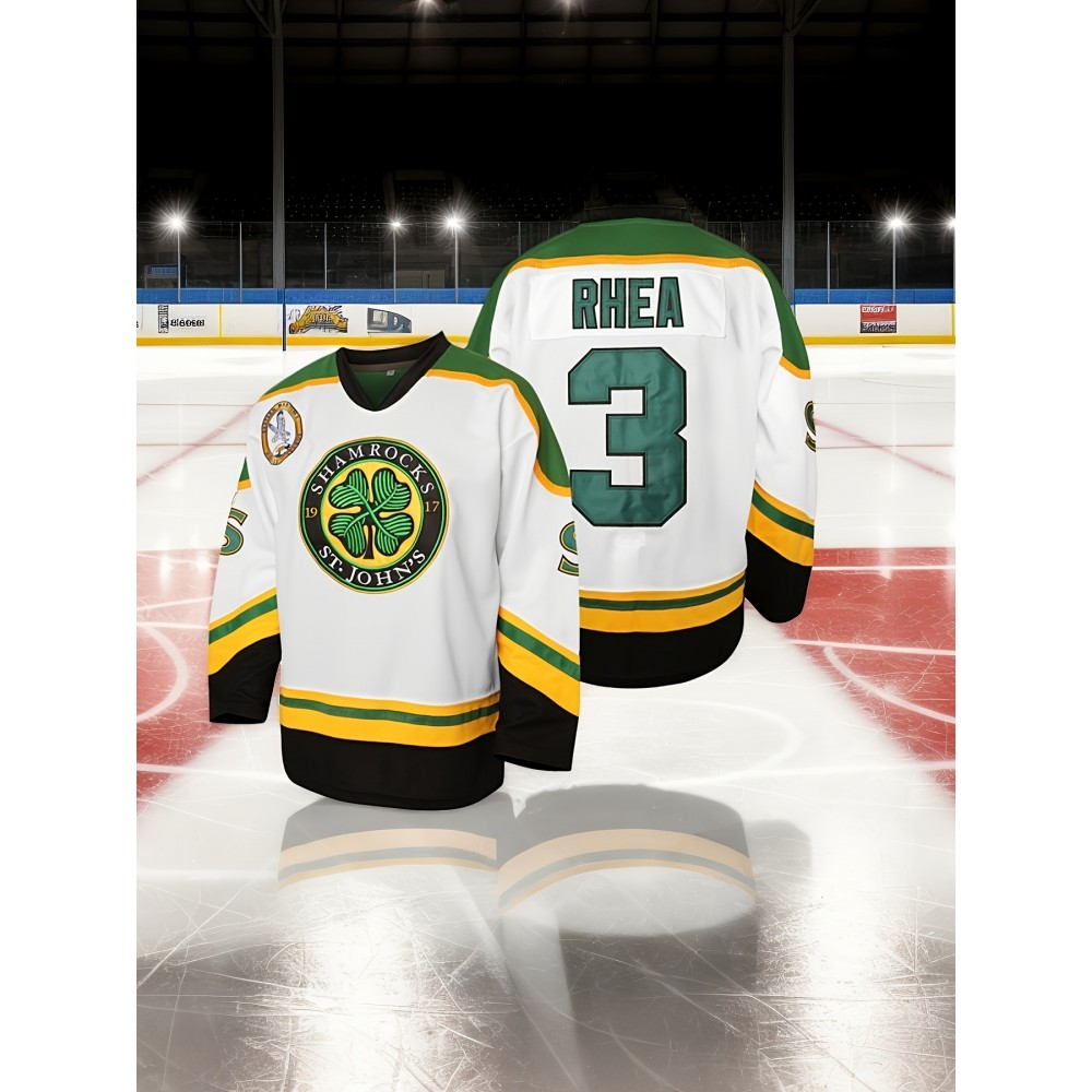 Men's #3 Embroidered Hockey Jersey - V-Neck, Long Sleeve, Color Block Design in White, Green & Black - Perfect for Sports & Casual Wear Men's #3 Embroidered Hockey Jersey - V-Neck, Long Sleeve, Color Block Design in White, Green & Black - Perfect for Sports & Casual Wear